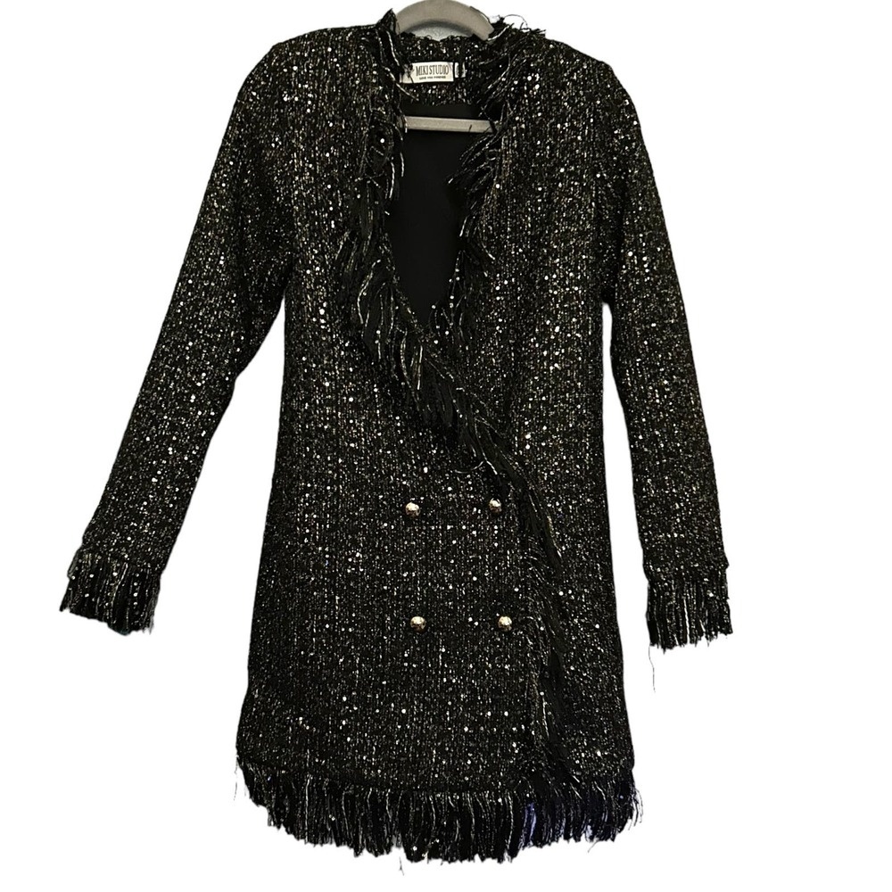Black and Gold Tweed Double Breasted Jacket with Fringe Size S